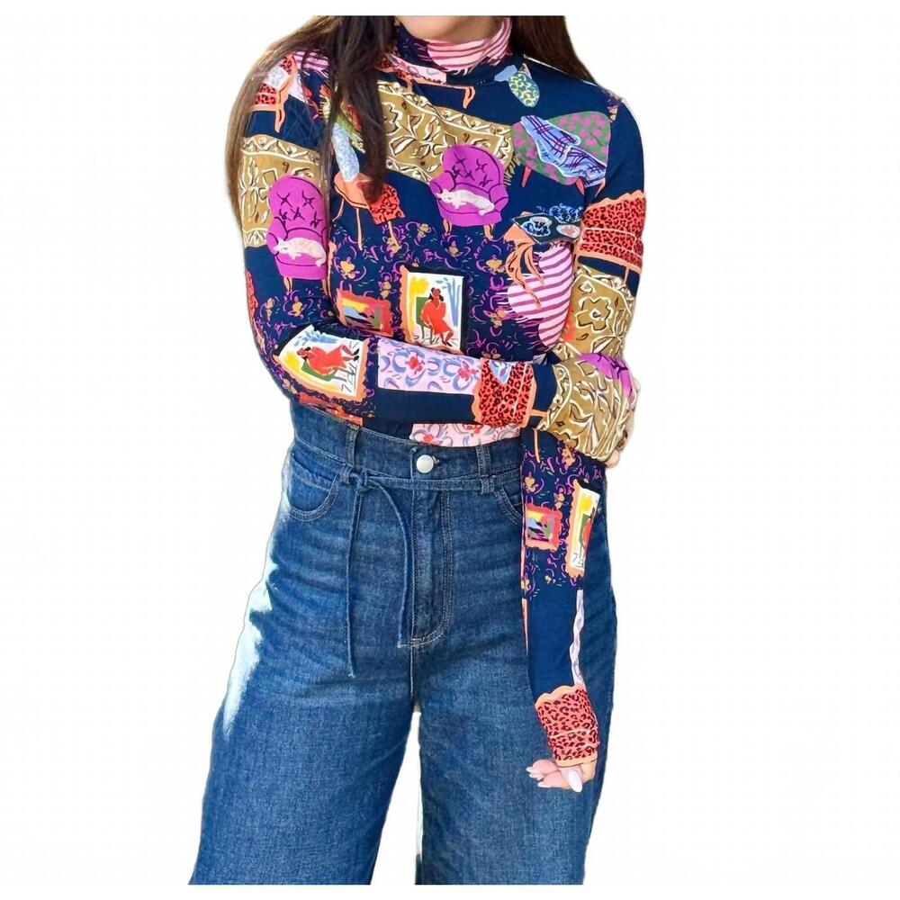 NEW FRNCH parisian print turtleneck top in multi color - Picture 3 of 3